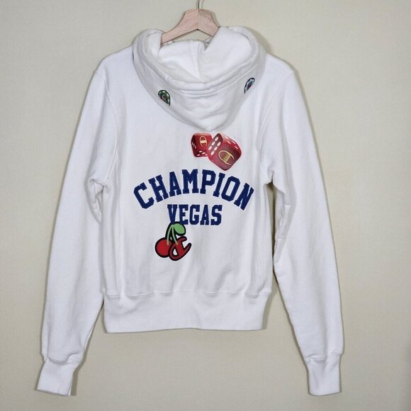 Champion Hoodie Womens XS White Graphic Print Kanga Pocket LS Reverse Weave FLAW - Picture 2 of 16